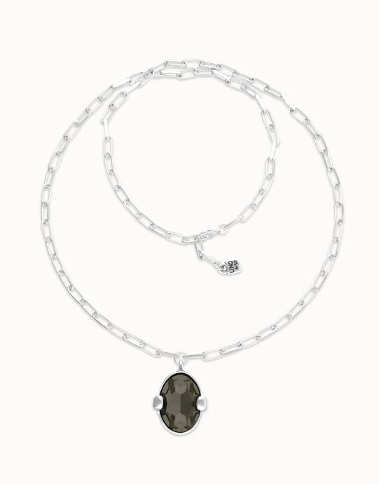 Long necklace with large gray oval faceted crystal